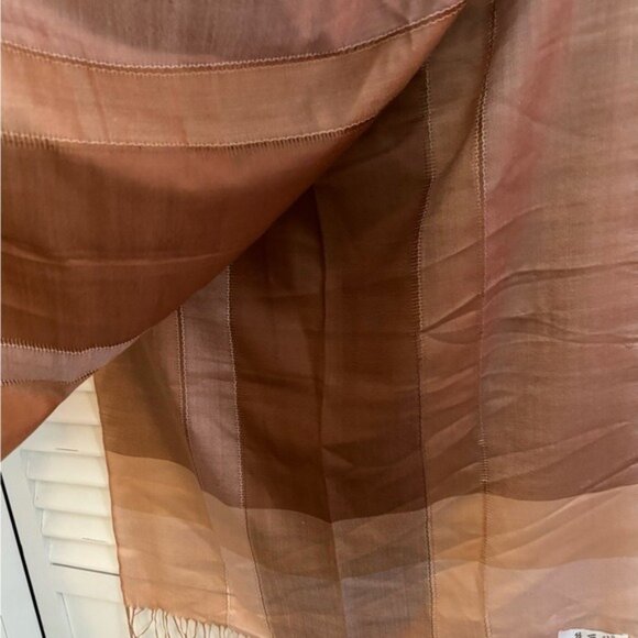 Silk-Like Brown & Beige Striped Scarf With Fringe By Si Li Da - Picture 6 of 6